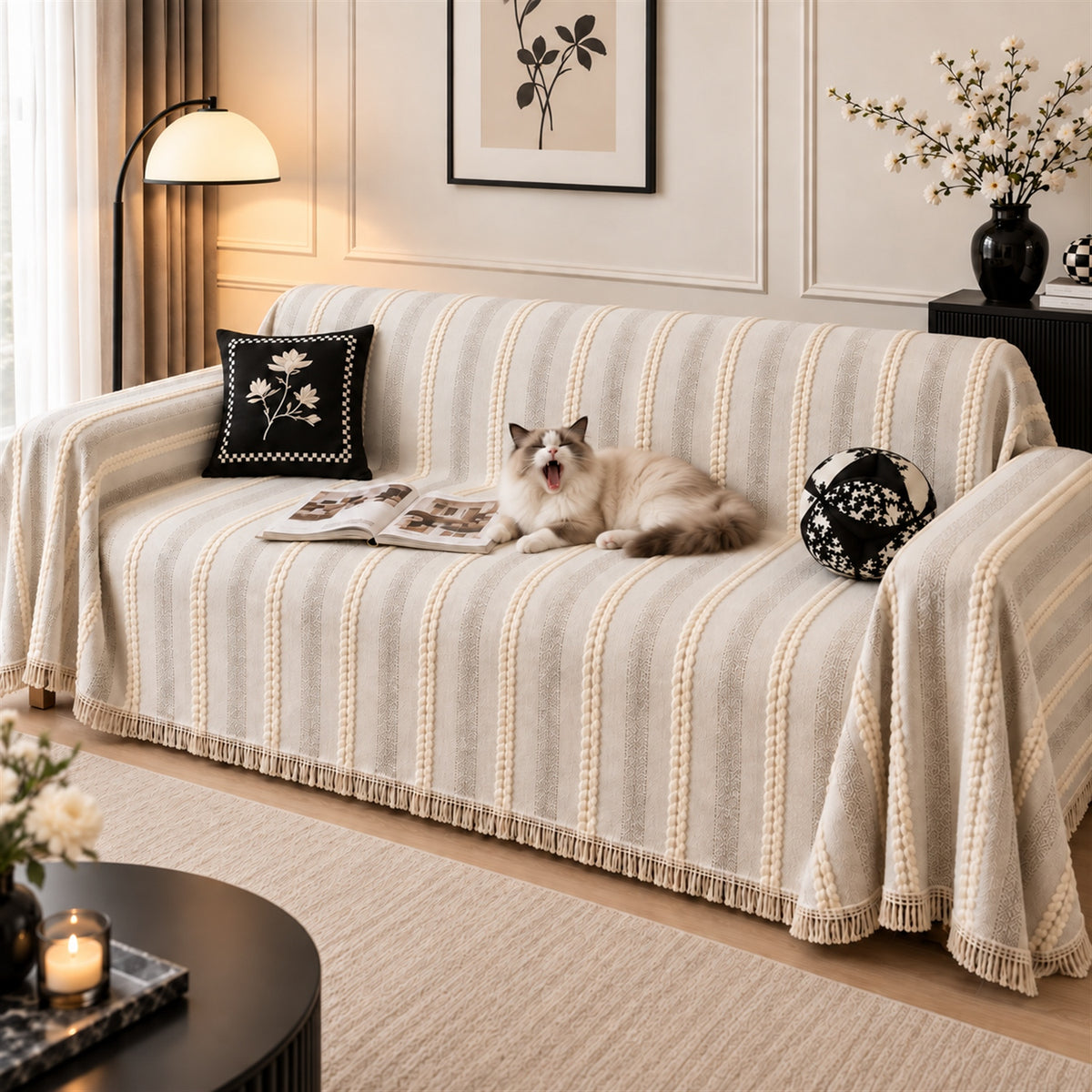 Sofa Cover & Chenille Sofa Throw | Cable Stripe | Washable | For All Seasons