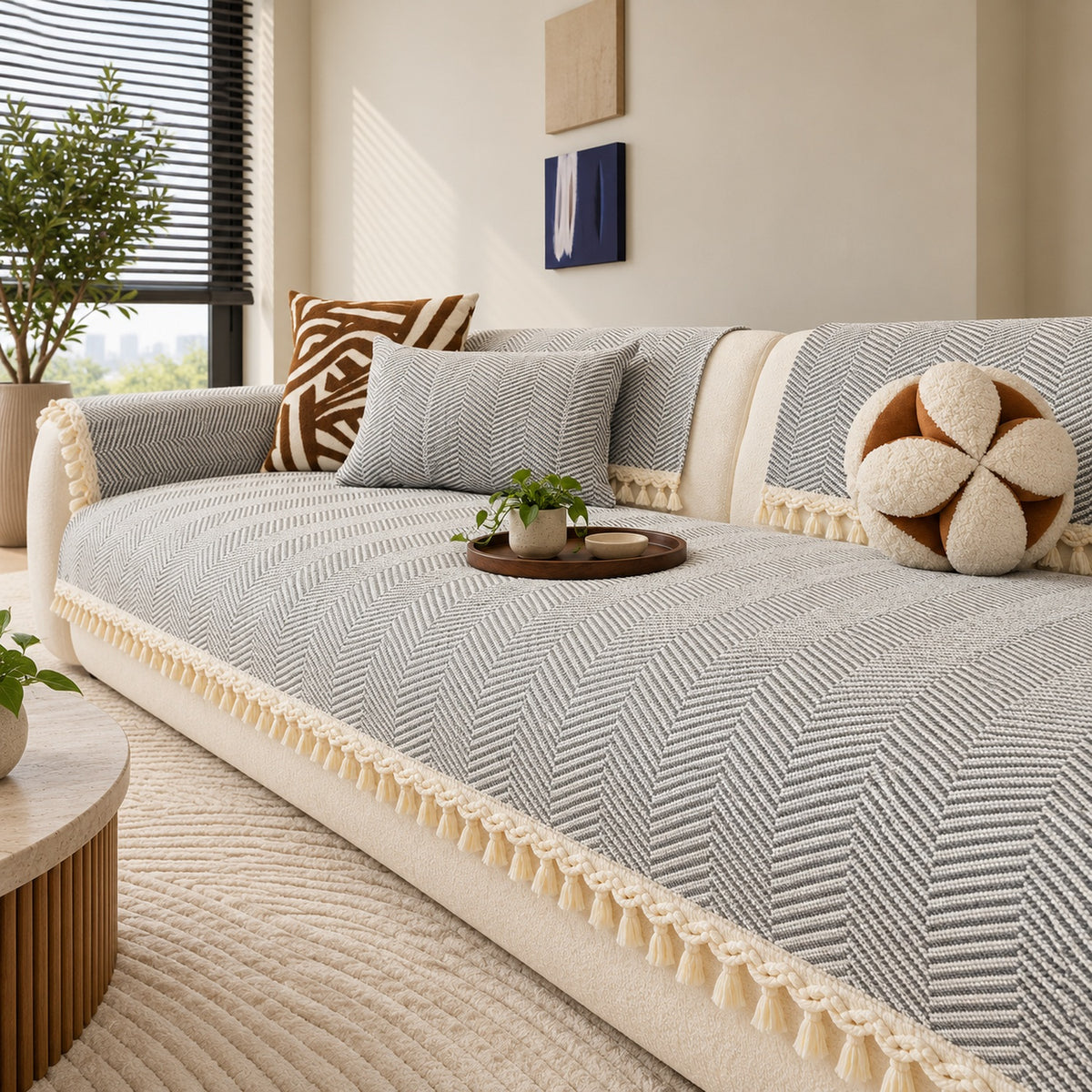 Chevron Cotton-Linen Sofa Cover | Non-Slip Sofa Protector with Tassels