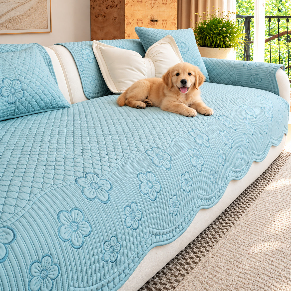 Scalloped Floral Cotton Sofa Cover | Non-Slip & Machine Washable