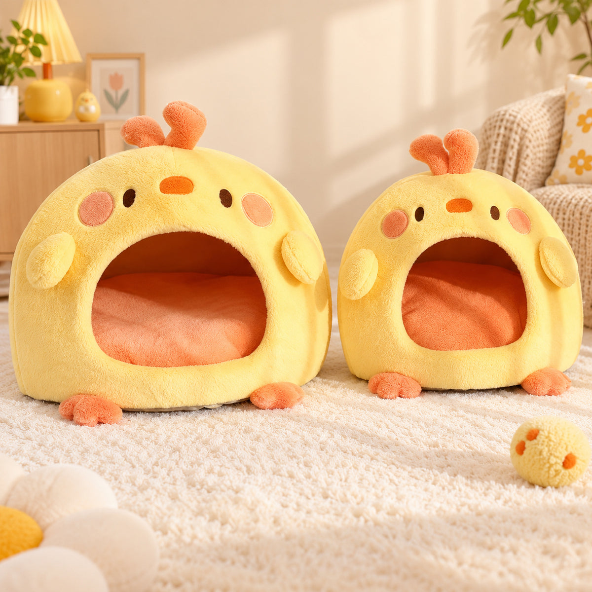 Chick-Shaped Cat Bed & Small Dog Bed | Washable Plush, Non-Slip Base