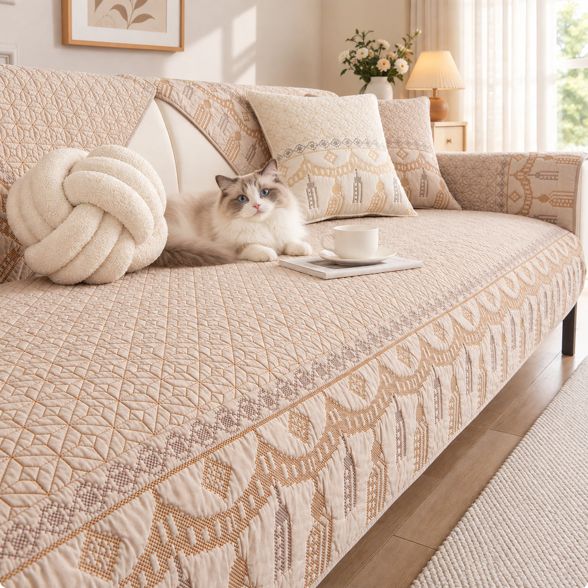 Embroidered Cotton Sofa Cover | Non-Slip Sofa Protector | Machine Washable