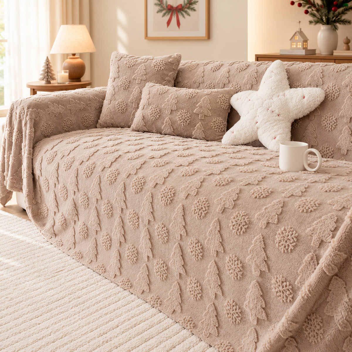 Christmas Sofa Cover | Plush Winter Sofa Throw with Raised Tree Pattern | Machine Washable