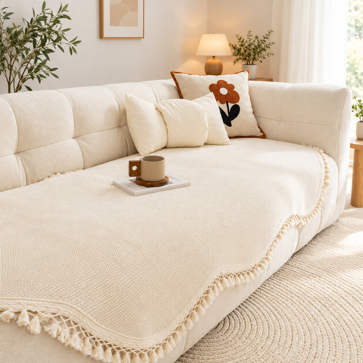 Chenille Sofa Cover | Non-Slip Washable | Sofa Protector with Tassels