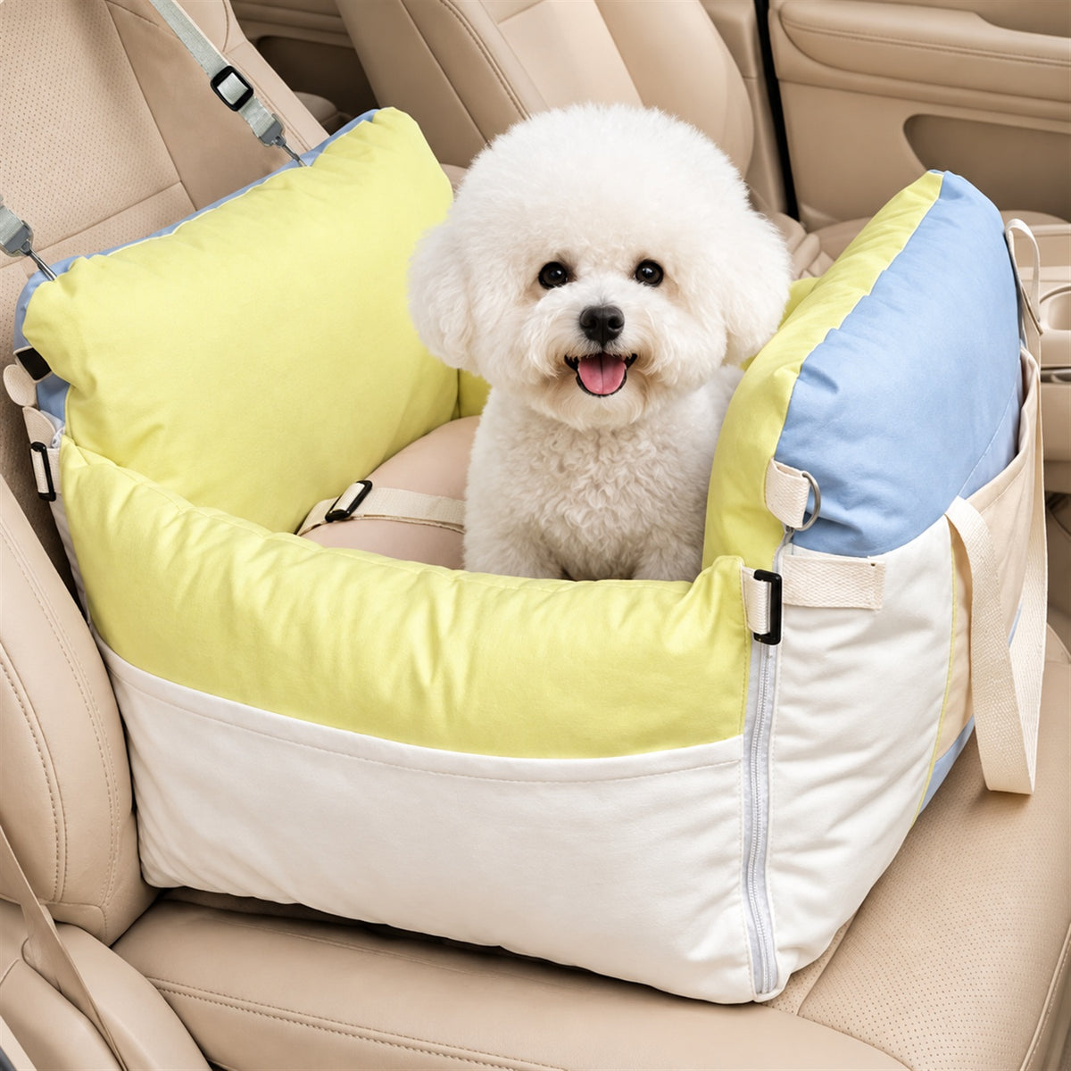Pet Car Seat & Bed with Side Pockets & Washable Covers