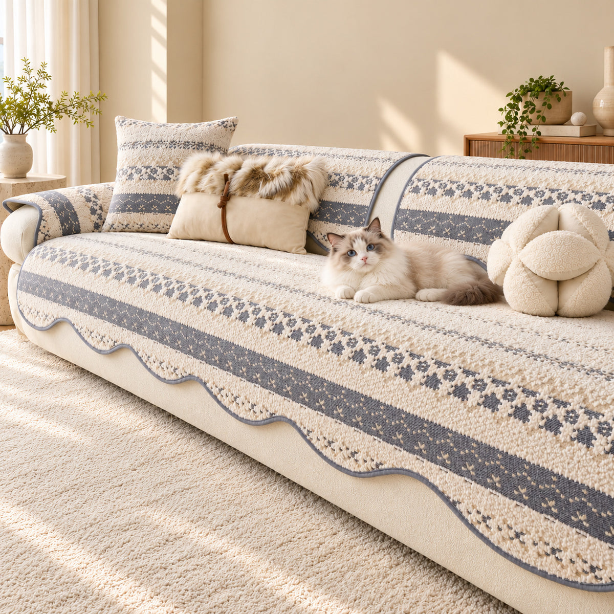 Plush Sofa Cover | Geometric Pattern with Non-Slip Backing