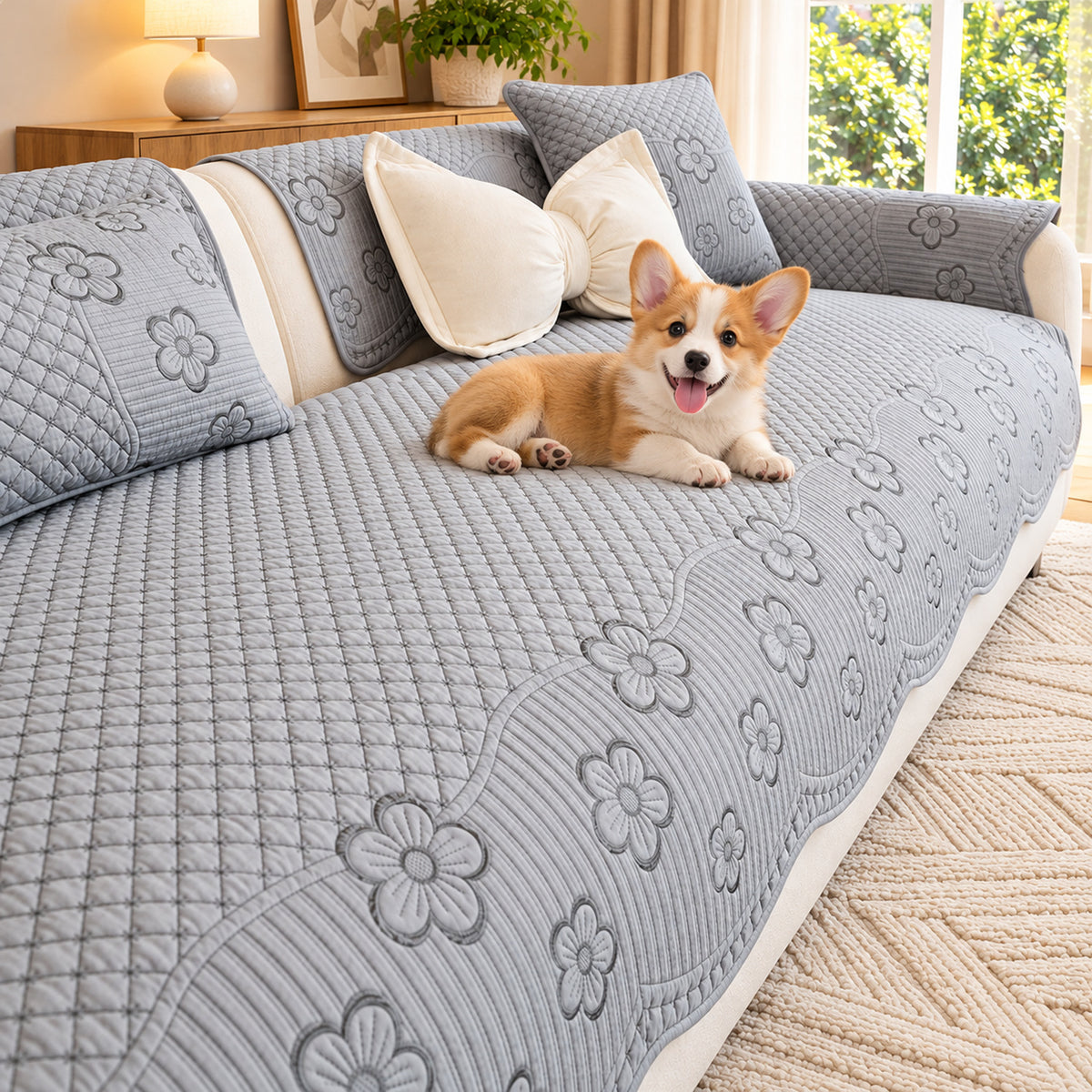 Scalloped Floral Cotton Sofa Cover | Non-Slip & Machine Washable