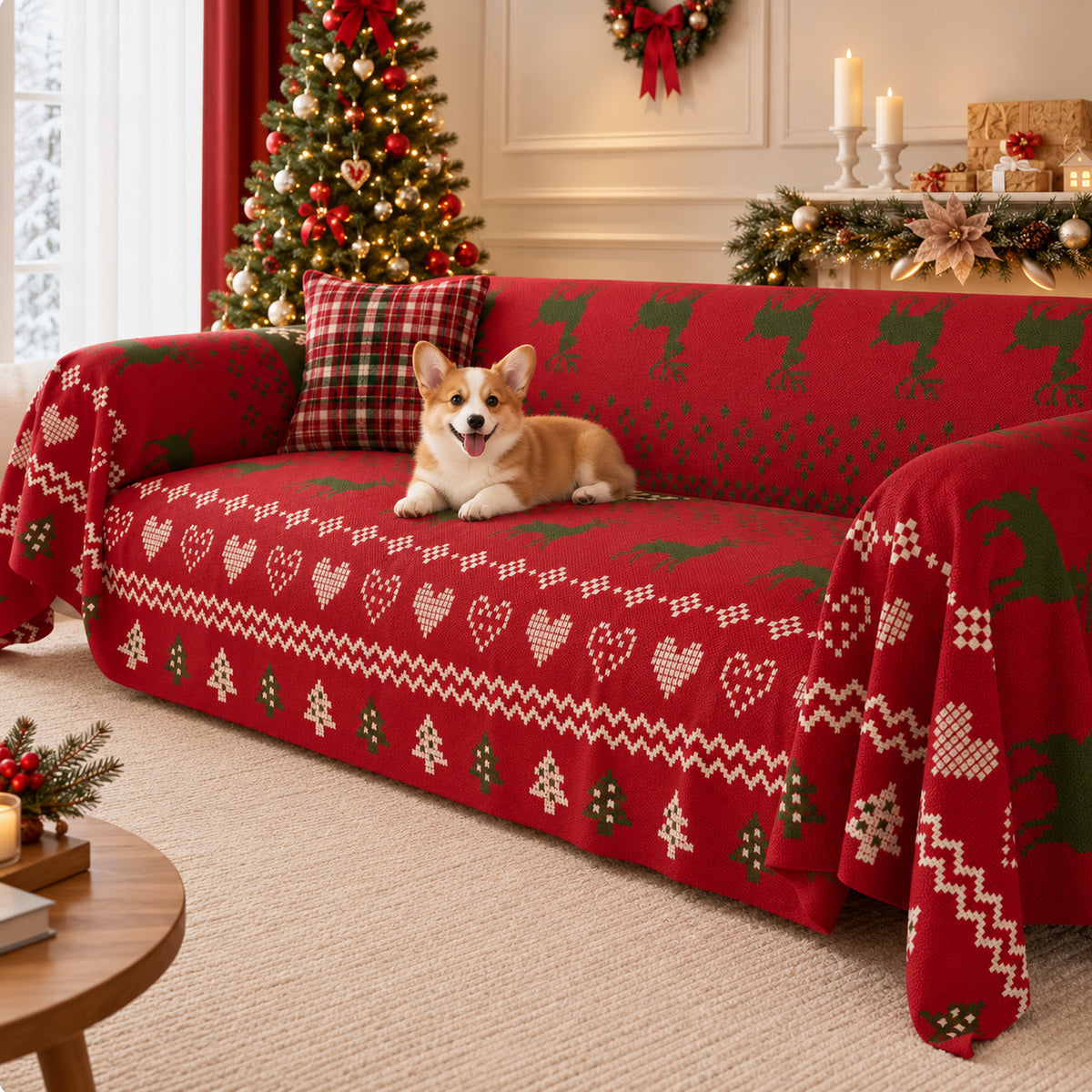 Christmas Sofa Throw | Washable Linen Sofa Cover | Reindeer Pattern