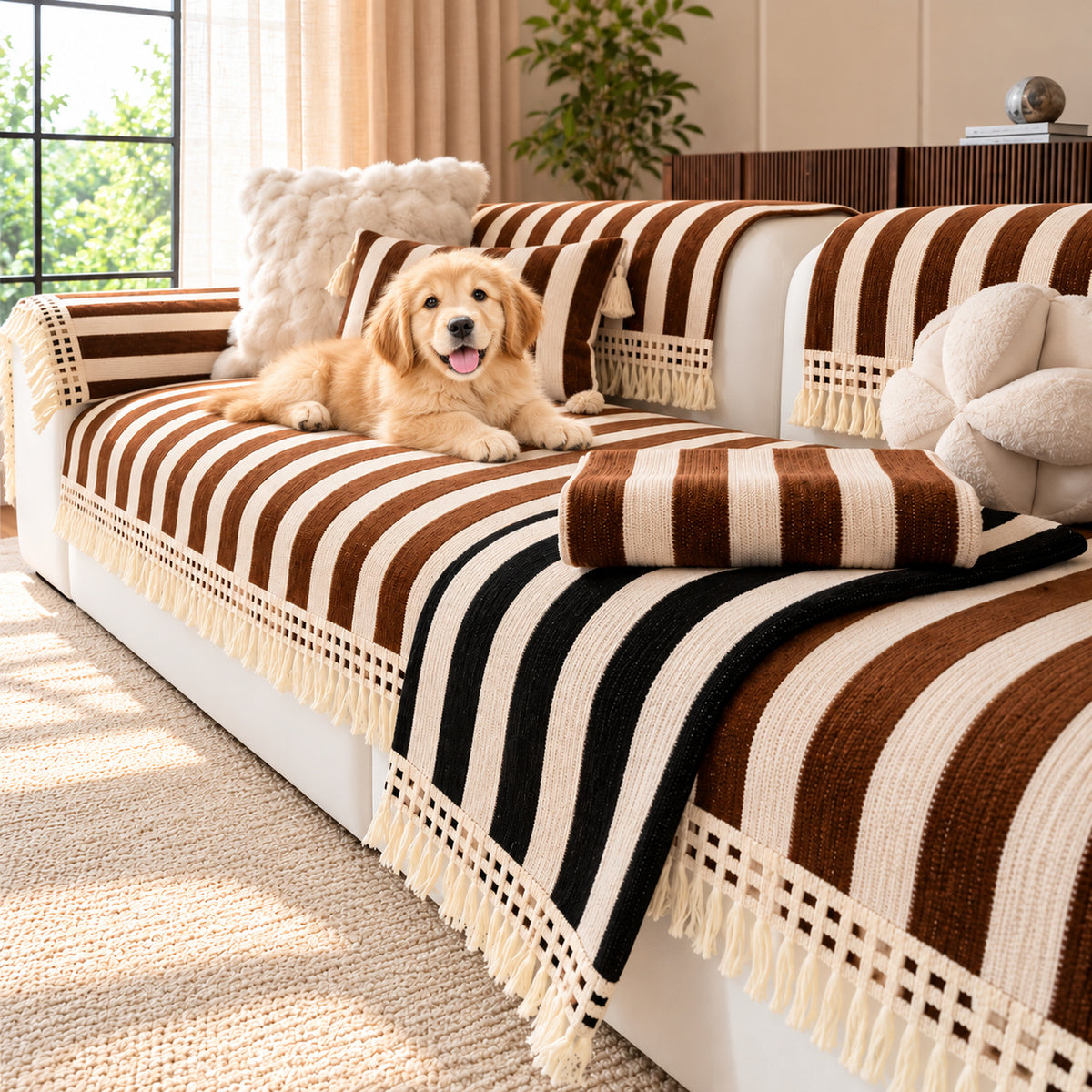 Chenille Sofa Cover | Non-Slip & Machine-Washable | Sofa Protector with Stripes and Fringe