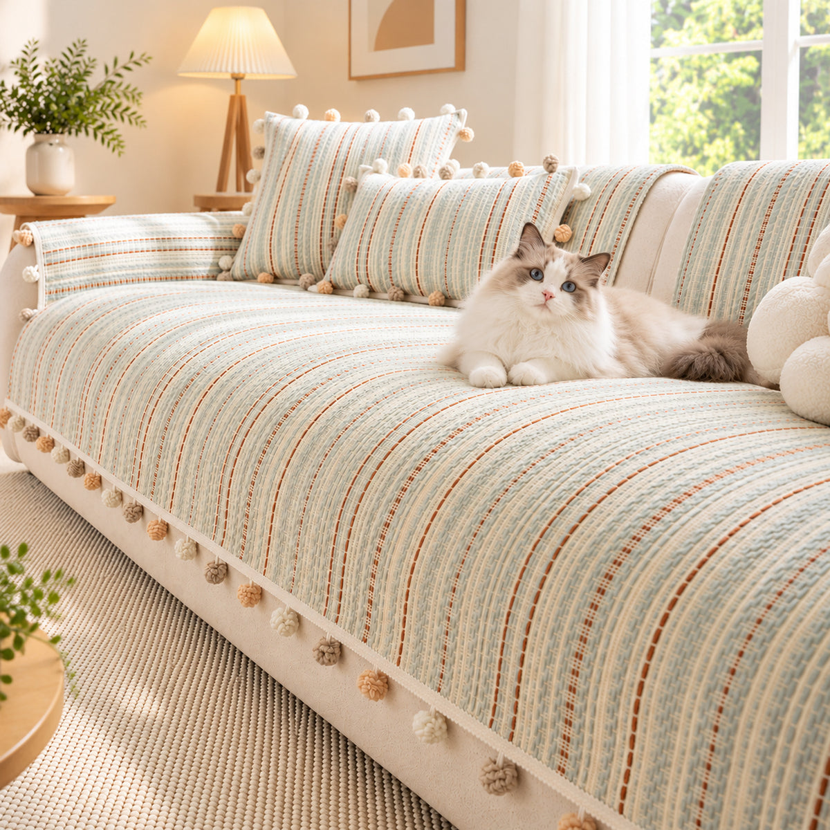 Striped Chenille Sofa Cover | Non-Slip Sofa Protector | Scratch-Resistant