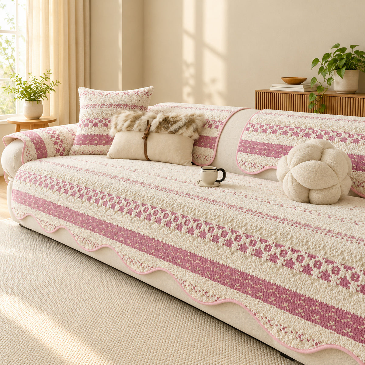 Plush Sofa Cover | Geometric Pattern with Non-Slip Backing