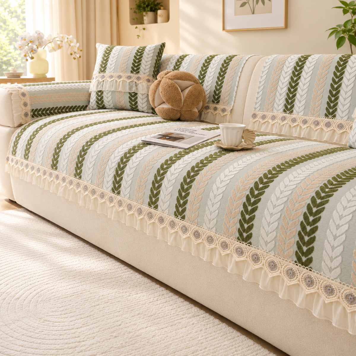 Non-Slip Sofa Cover | Wheat Leaf Chenille Design | Machine Washable & Scratch-Resistant
