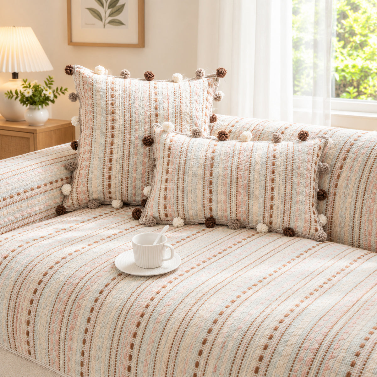 Striped Chenille Sofa Cover | Non-Slip Sofa Protector | Scratch-Resistant