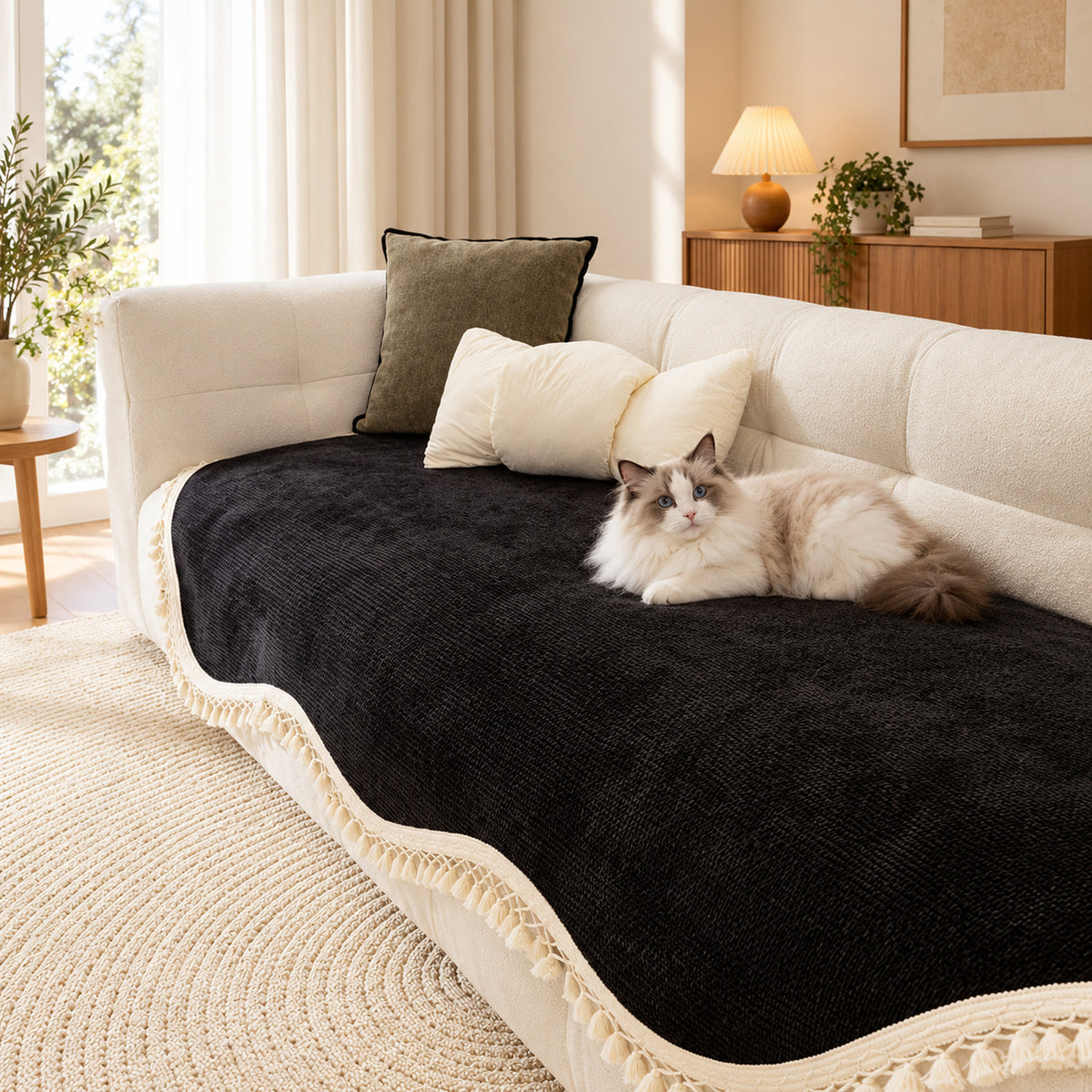 Chenille Sofa Cover | Non-Slip Washable | Sofa Protector with Tassels