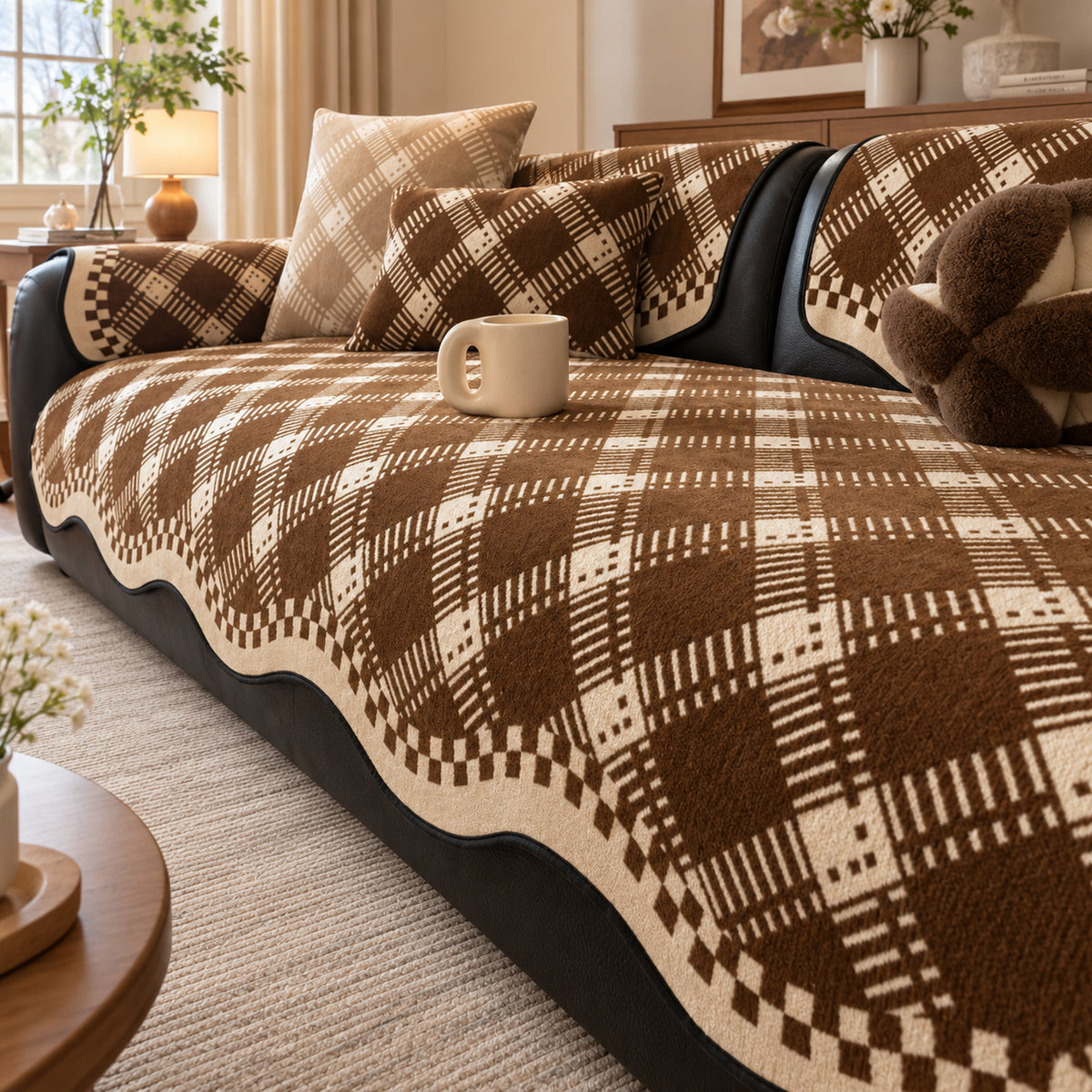 Non-Slip Sofa Cover | Checked Chenille with Plush Edging | Machine Washable