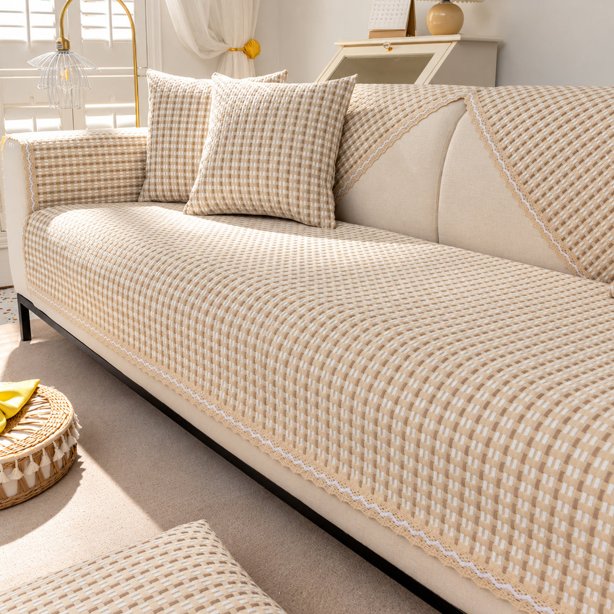 Cotton & Linen Lattice Sofa Cover | Non-Slip Washable | Sofa Protector