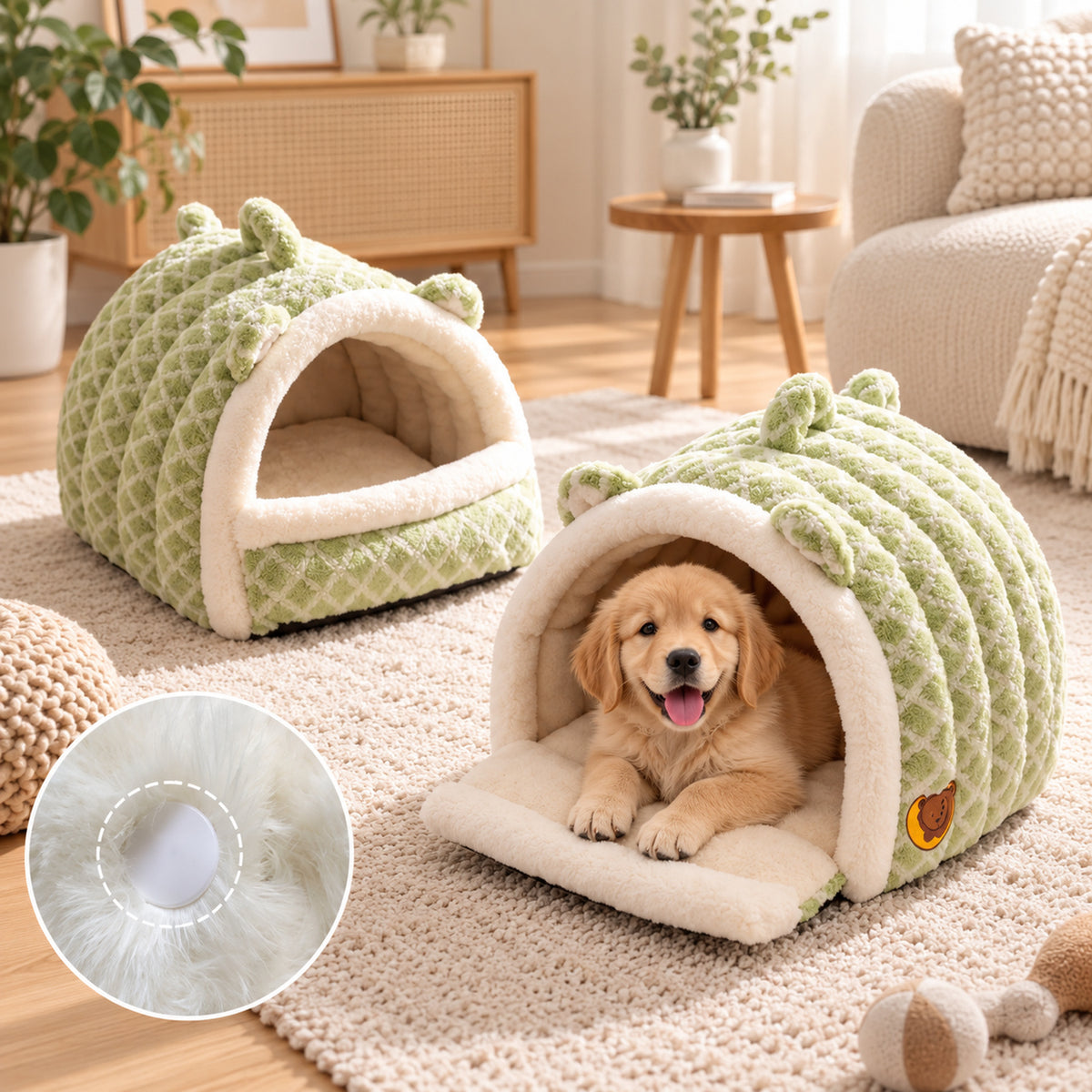 Dog Bed & Cat Bed | Warm Fleece Cave with Fold-Down Front