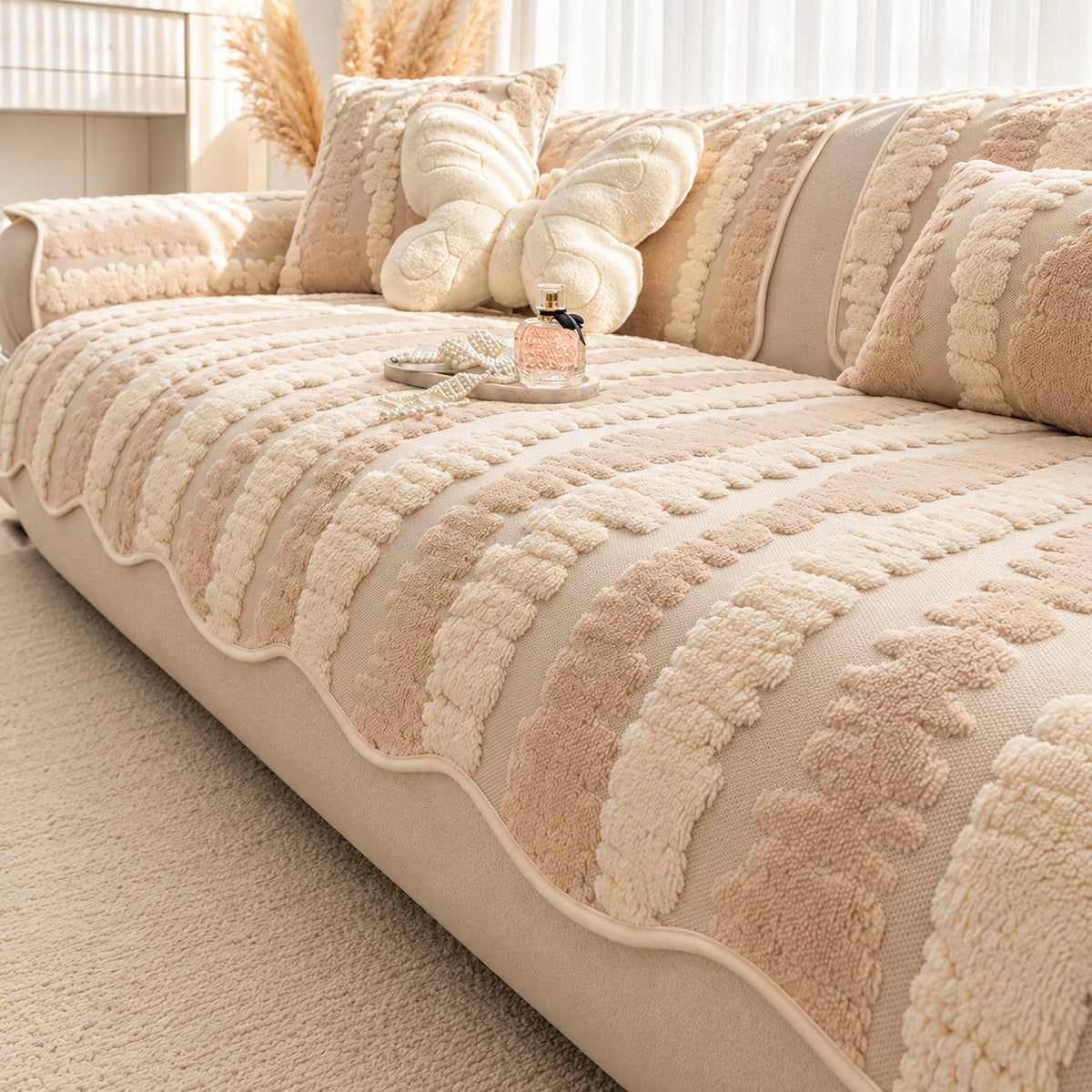 Plush Sofa Cover | Tufted Stripe Design | Non-Slip & Machine Washable
