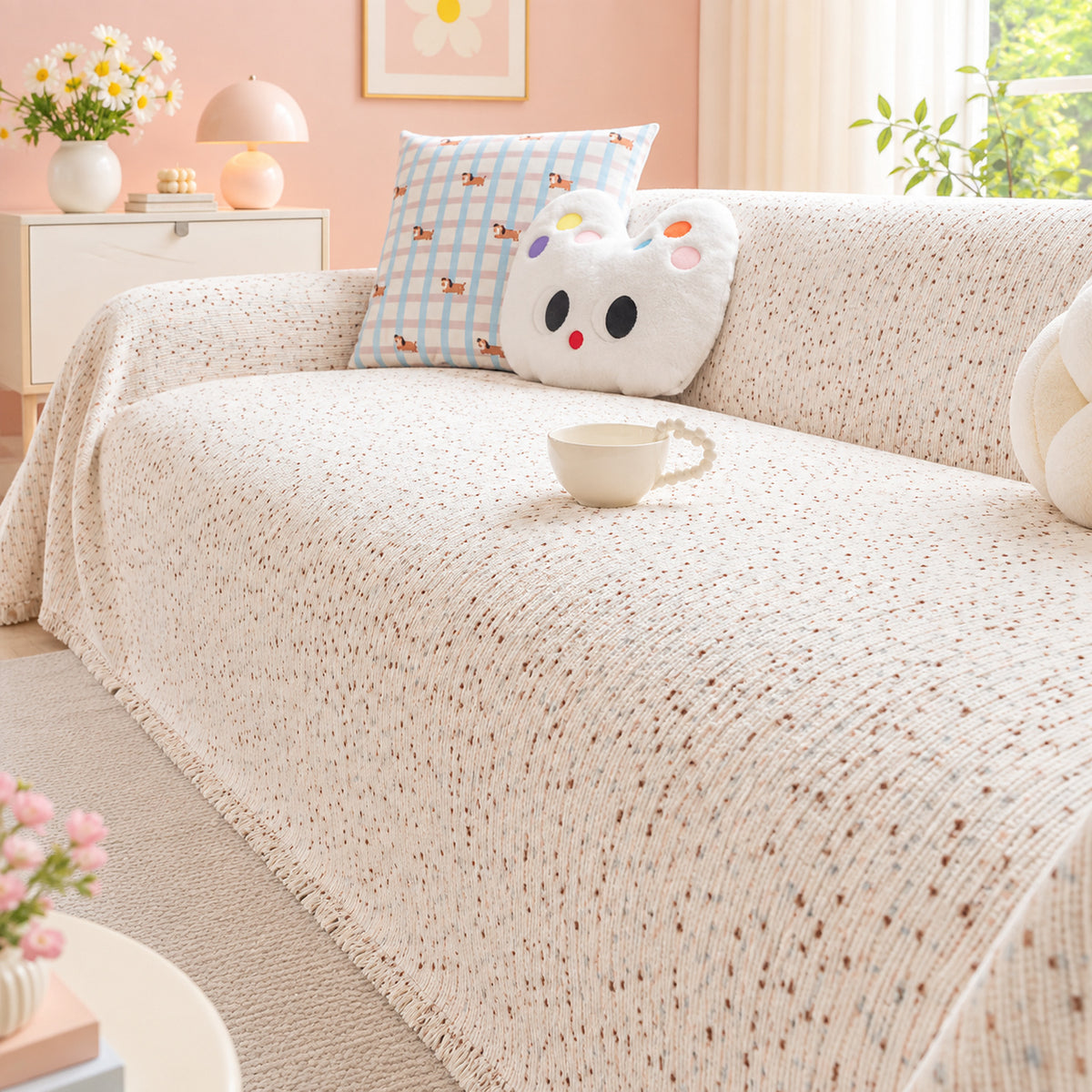 Pastel Colour Chenille Sofa Cover | Non-Slip & Machine-Washable