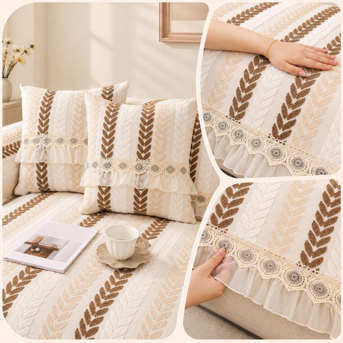 Non-Slip Sofa Cover | Wheat Leaf Chenille Design | Machine Washable & Scratch-Resistant