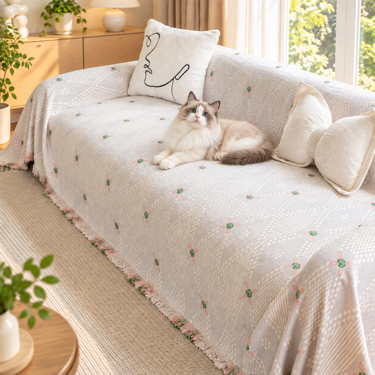 Floral Sofa Cover | Chenille Sofa Throw | Non-Slip, Scratch-Resistant