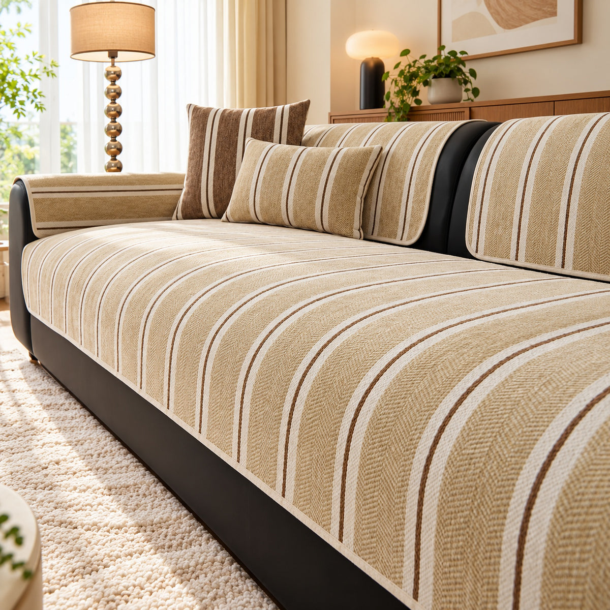 Chenille Sofa Cover | Striped Non-Slip Sofa Protector
