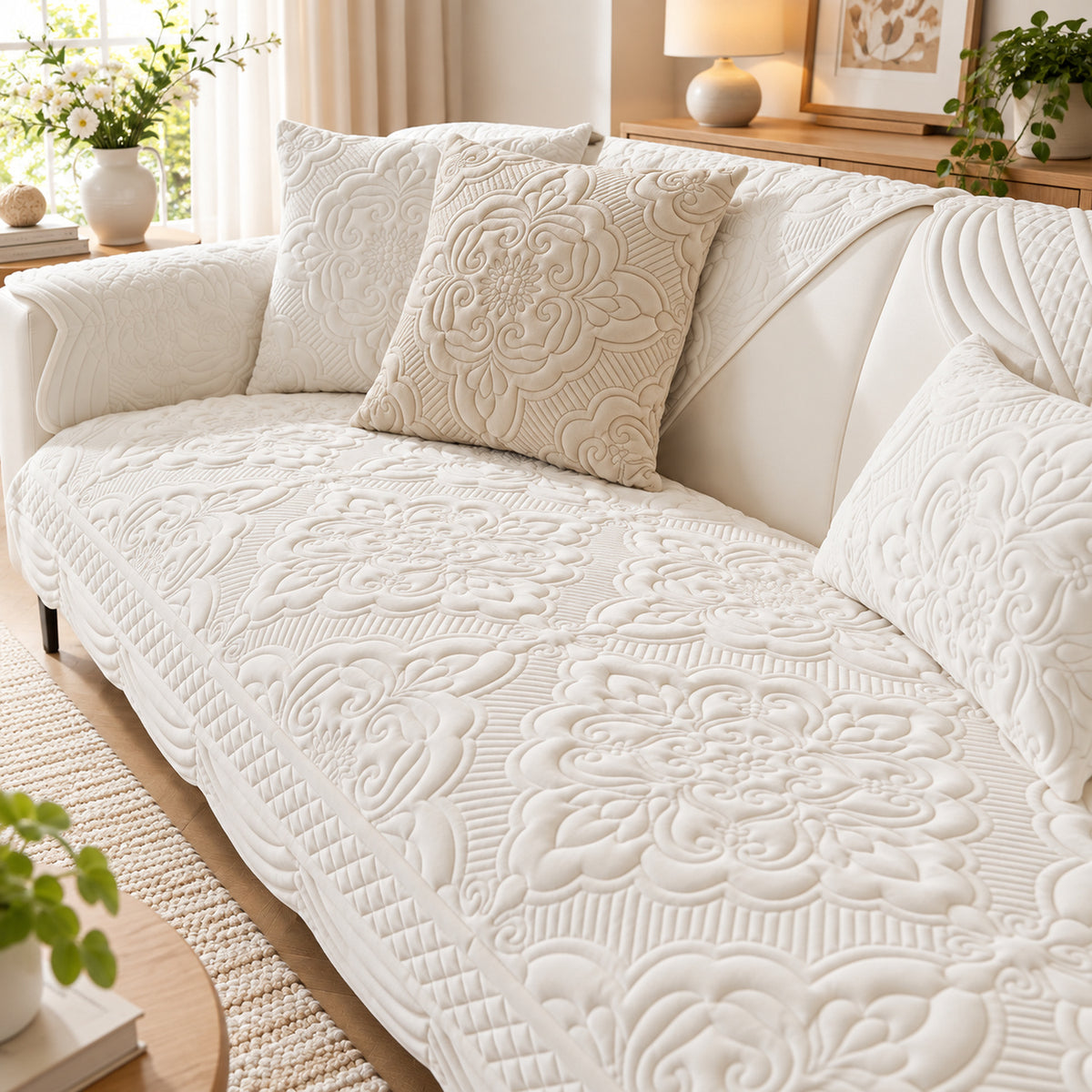 Sculpted Bloom Sofa Cover | Plush Polyester | Non-Slip & Washable