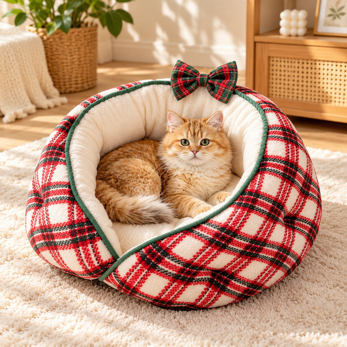 Dog Bed & Cat Bed | Round Checked Flannel with Non-Slip Base