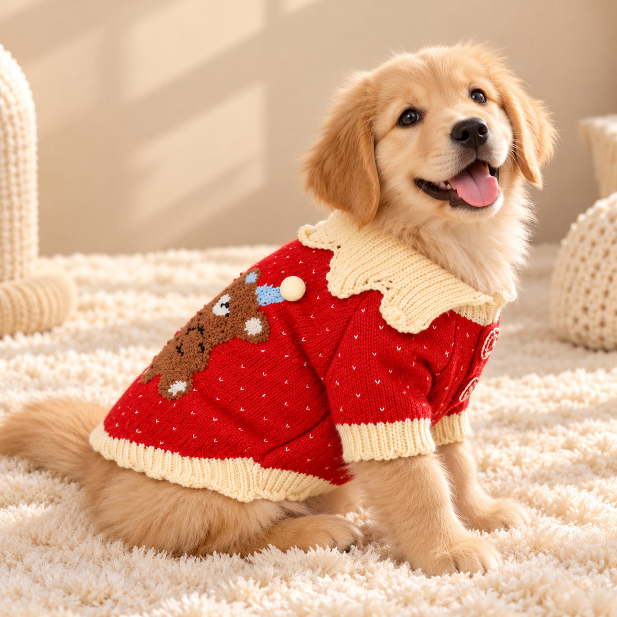 Balloon Bear Dog Jumper | Red Knitted Winter Pet Sweater