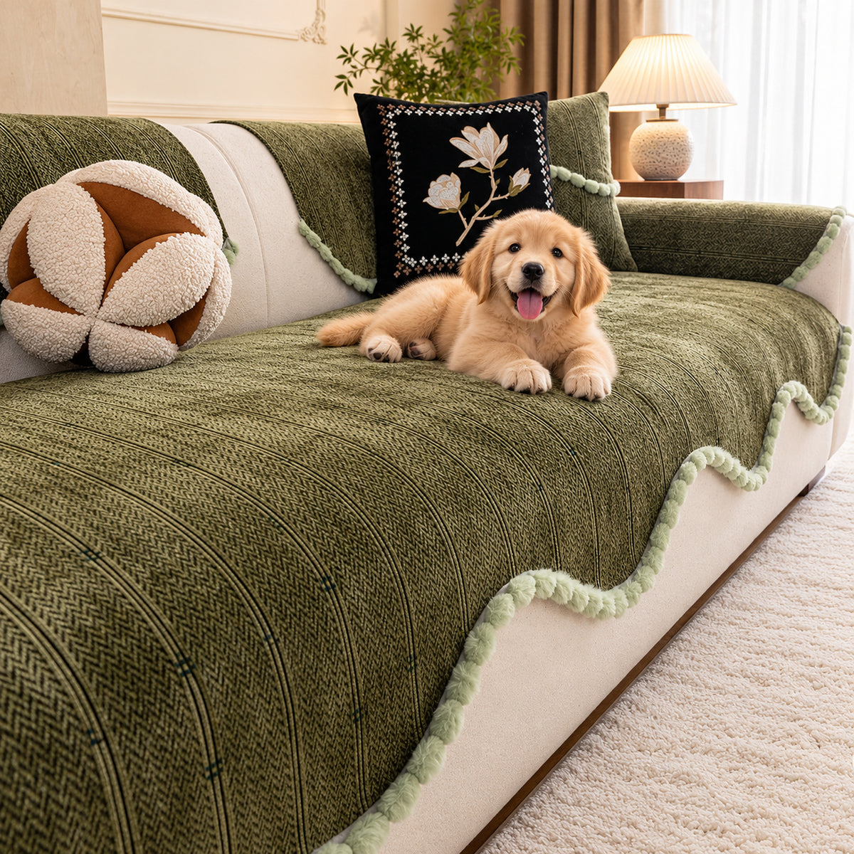 Chenille Sofa Cover with Pom-Pom Trim | Non-Slip & Machine Washable