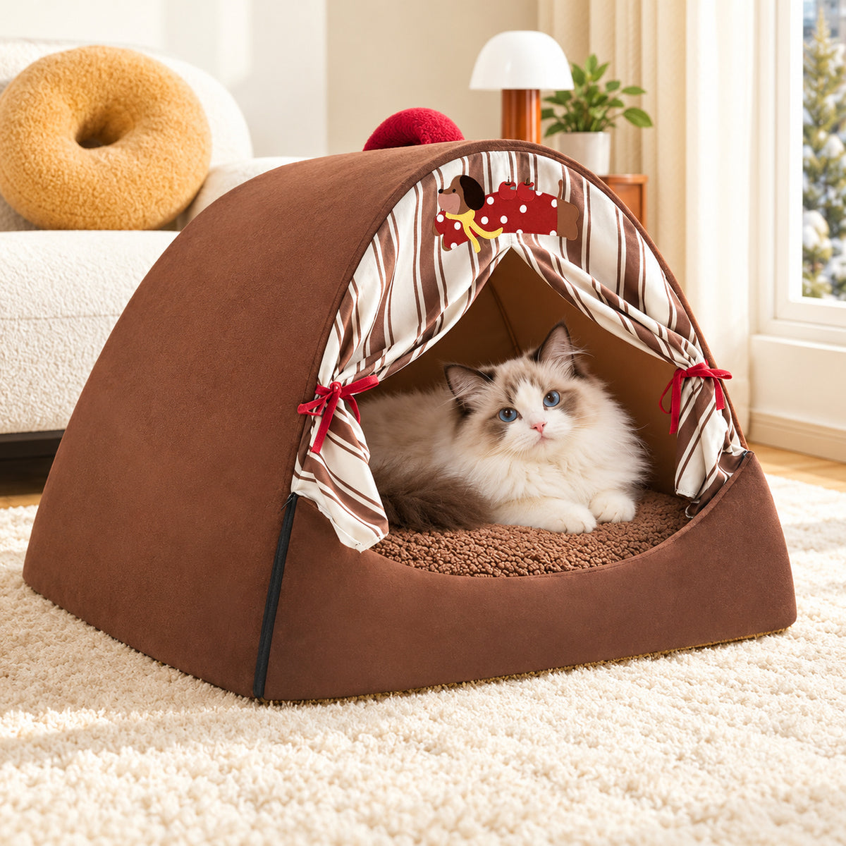 Dog Bed & Cat Bed | All-Season Cave with Washable Cushion & Non-Slip Base