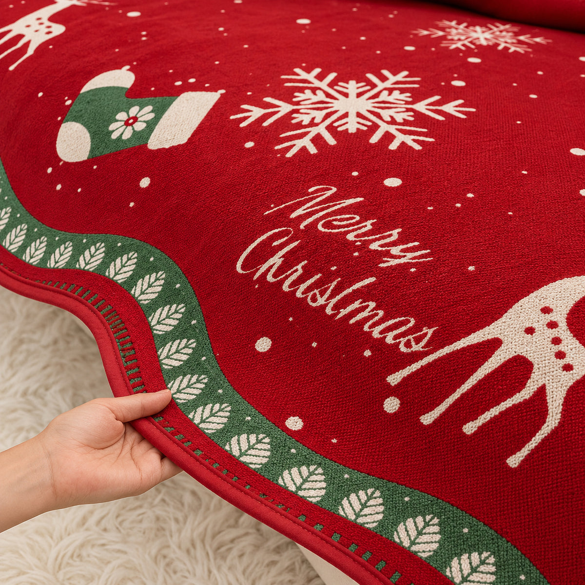 Christmas Sofa Cover | Red Chenille | Non-Slip & Washable