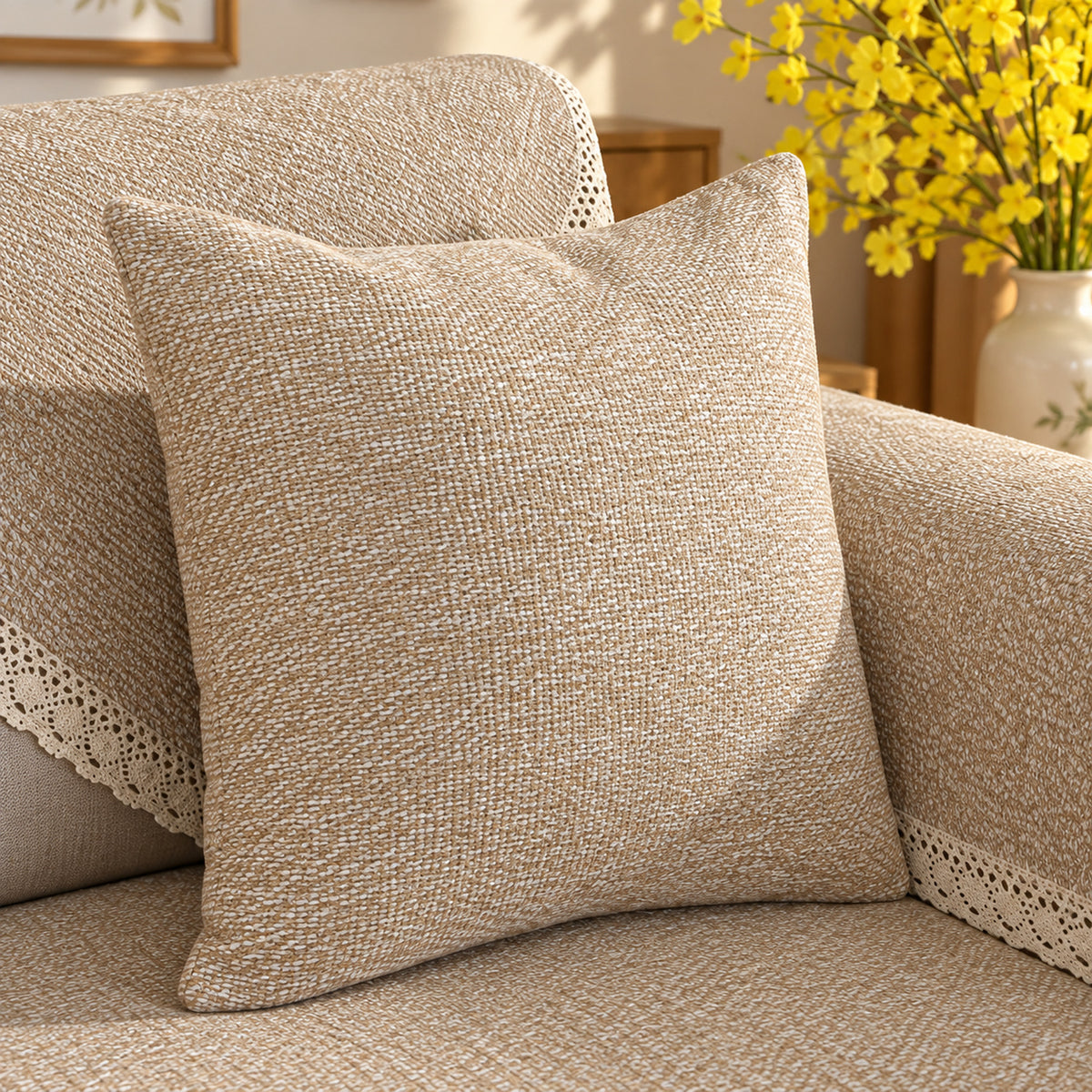 Sofa Cover | Cotton-Linen | Non-Slip Sofa Protector with Lace Trim