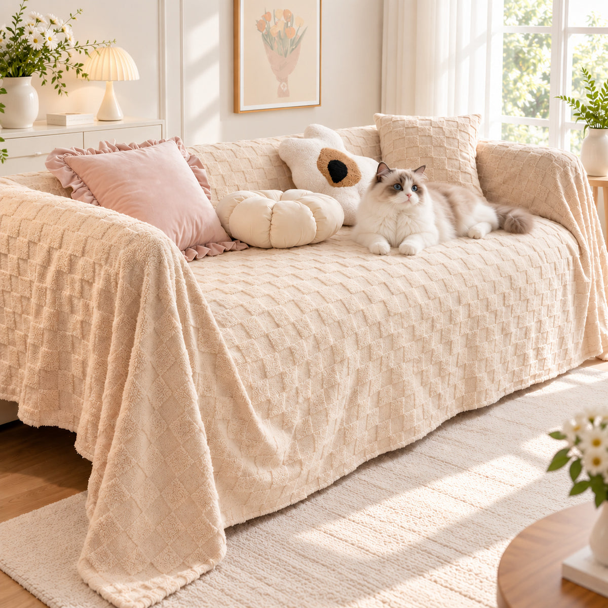Sofa Cover | Double-Sided Plush Flannel Sofa Throw | Warmth for Autumn & Winter