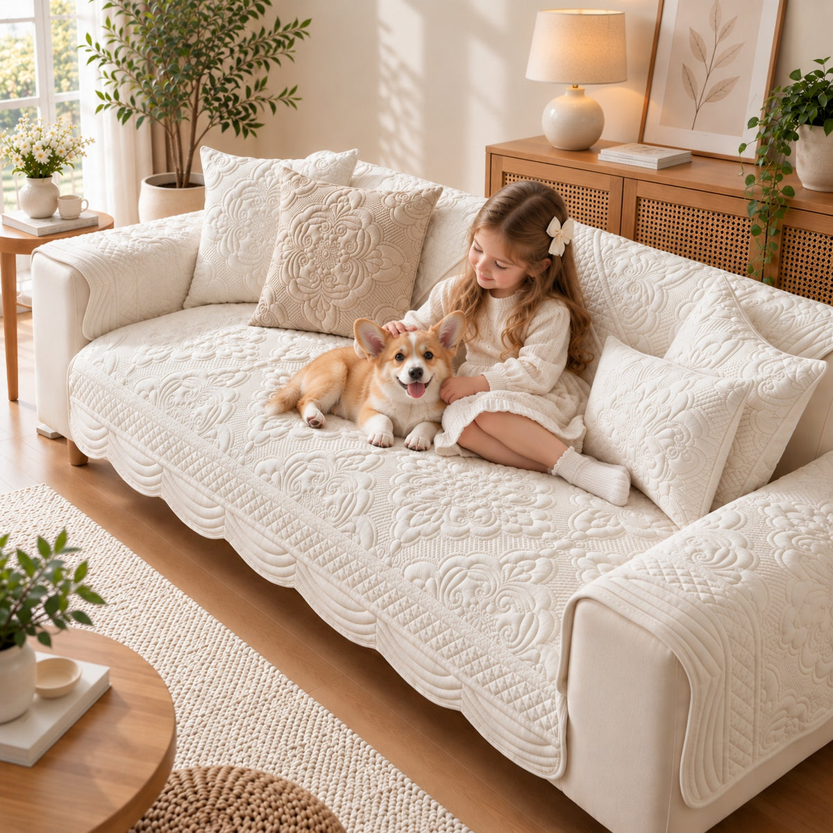 Sculpted Bloom Sofa Cover | Plush Polyester | Non-Slip & Washable