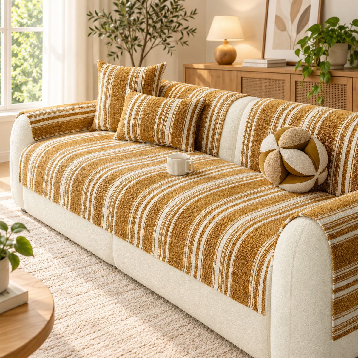 Striped Chenille Sofa Cover | Non-Slip Sofa Protector | Scratch-Resistant