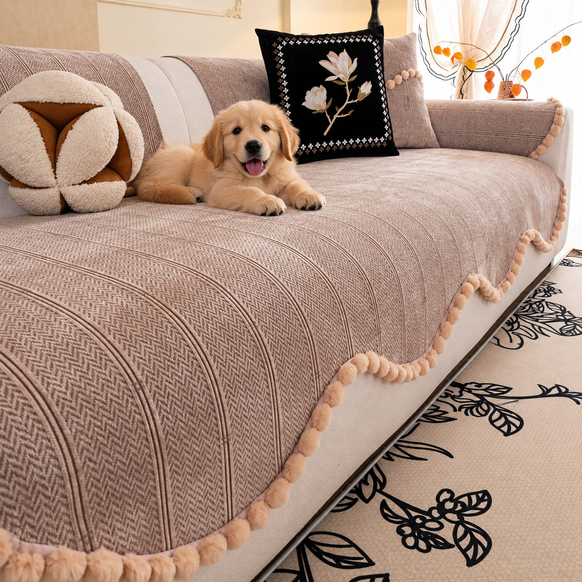Chenille Sofa Cover with Pom-Pom Trim | Non-Slip & Machine Washable