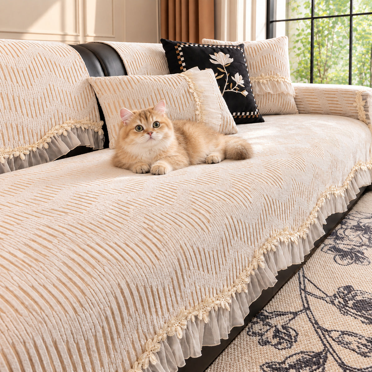 Chenille Sofa Cover | Non-Slip & Machine-Washable | Sofa Protector with Lace Trim