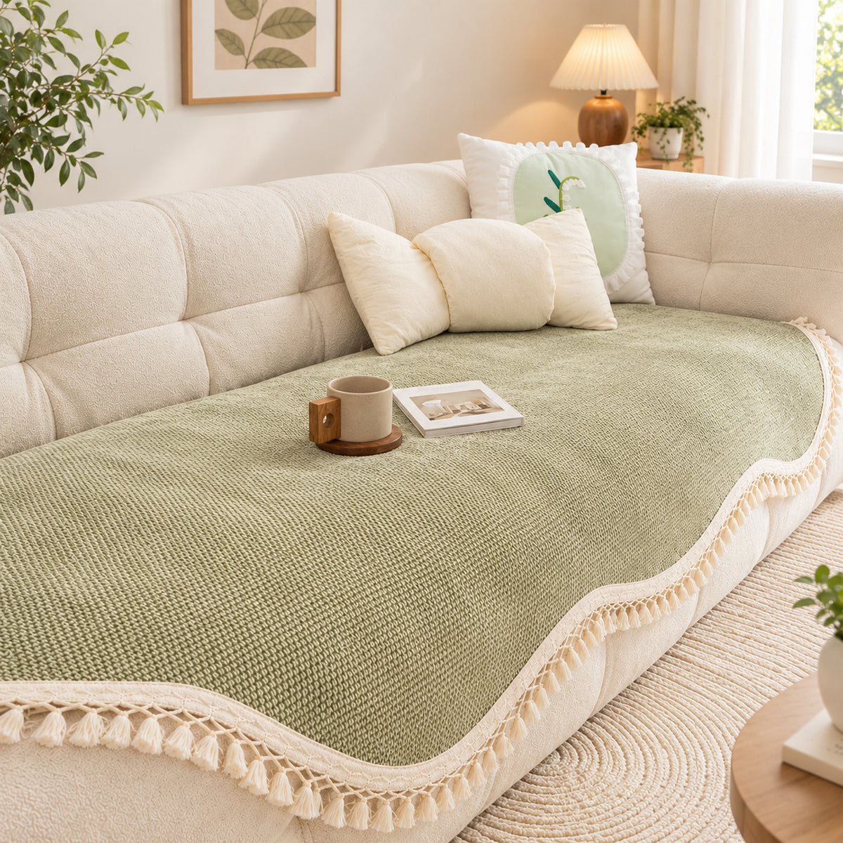 Chenille Sofa Cover | Non-Slip Washable | Sofa Protector with Tassels