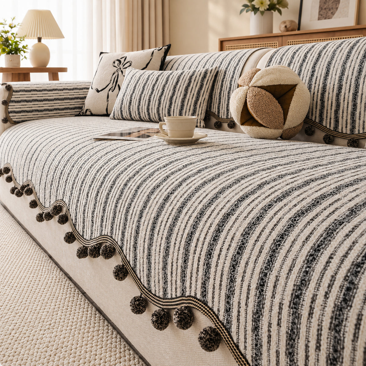 Striped Chenille Sofa Cover | Cat-Scratch-Resistant Sofa Protector | Washable & Non-Slip