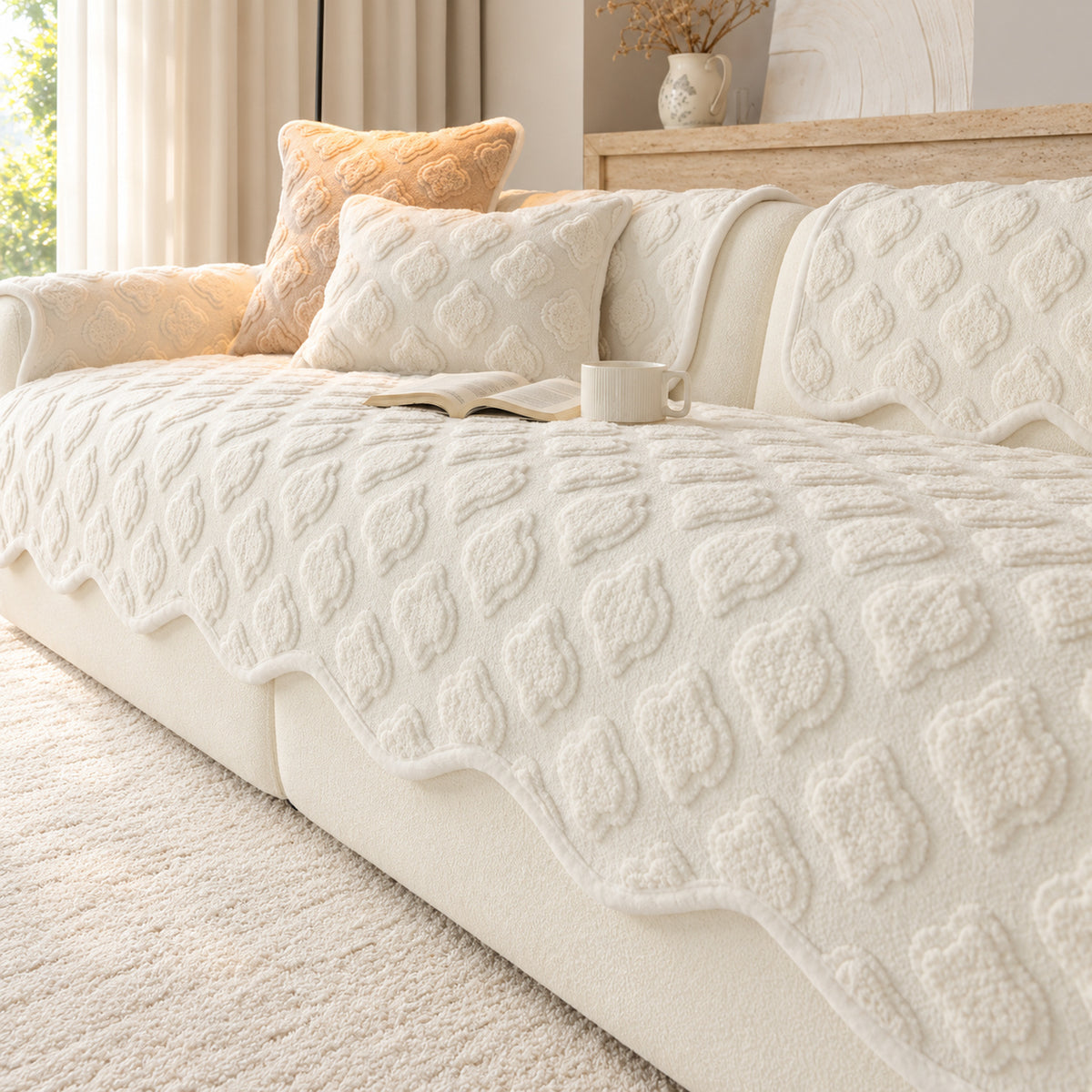 Plush Sofa Cover | Raised Floral Pattern, Non-Slip & Machine Washable