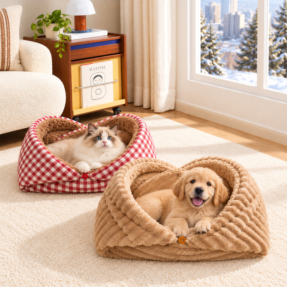Dog Bed & Cat Bed | Convertible Plush Winter Nest | Hand-Washable