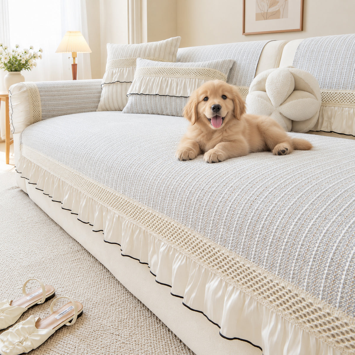 Chenille Scalloped-Edge Sofa Cover | Non-Slip Sofa Protector | Machine Washable