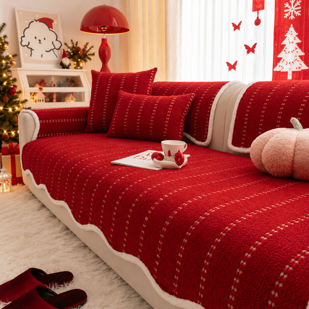 Christmas Sofa Cover | Non-Slip Plush Sofa Protector with Star Detail | Machine Washable