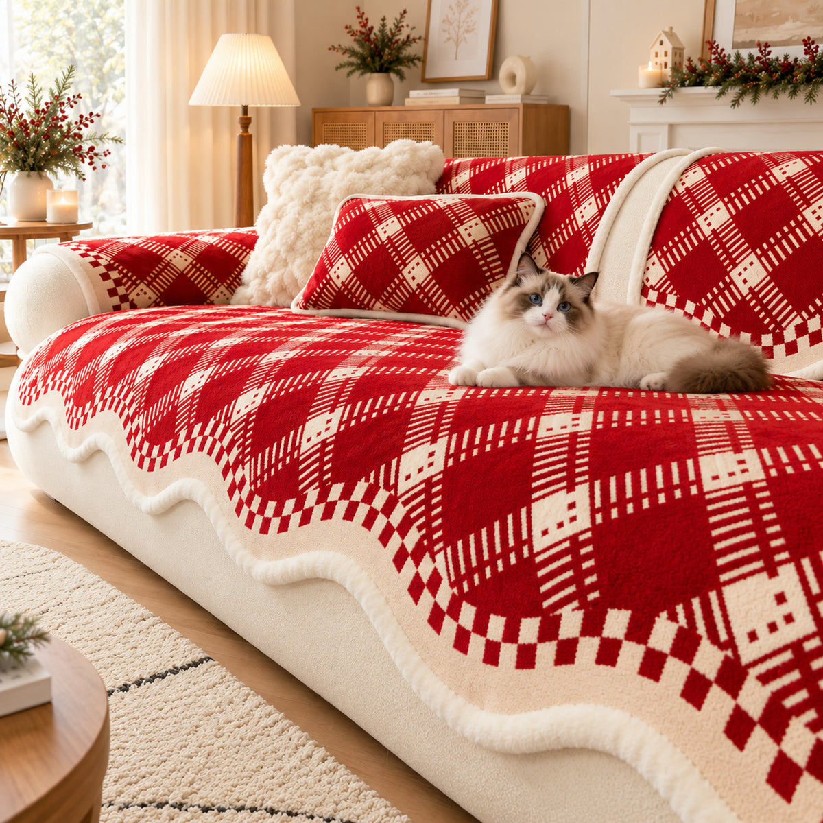 Non-Slip Sofa Cover | Checked Chenille with Plush Edging | Machine Washable