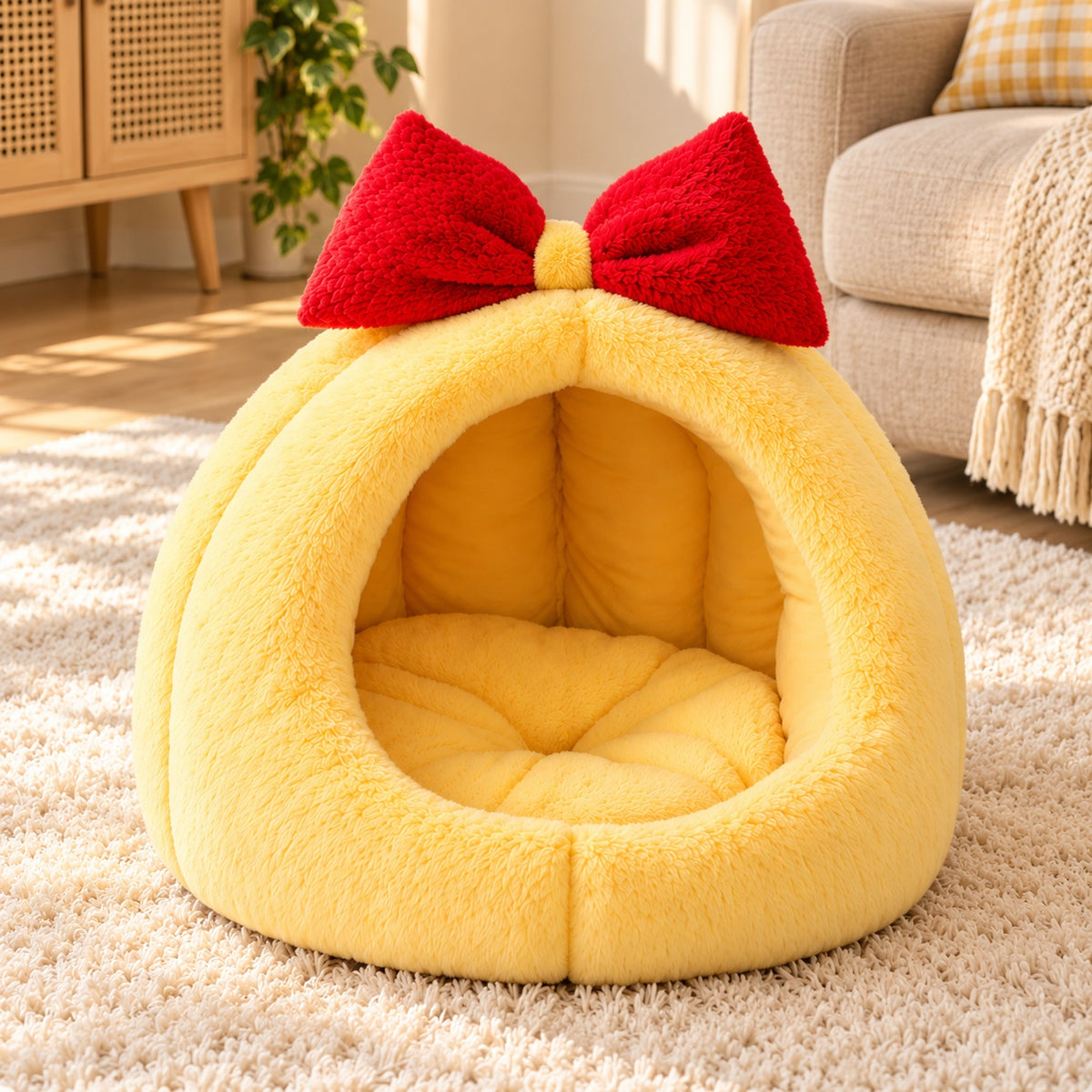 Cat Bed & Small Dog Bed | Cosy Cave with Bow Detail & Washable Cushion