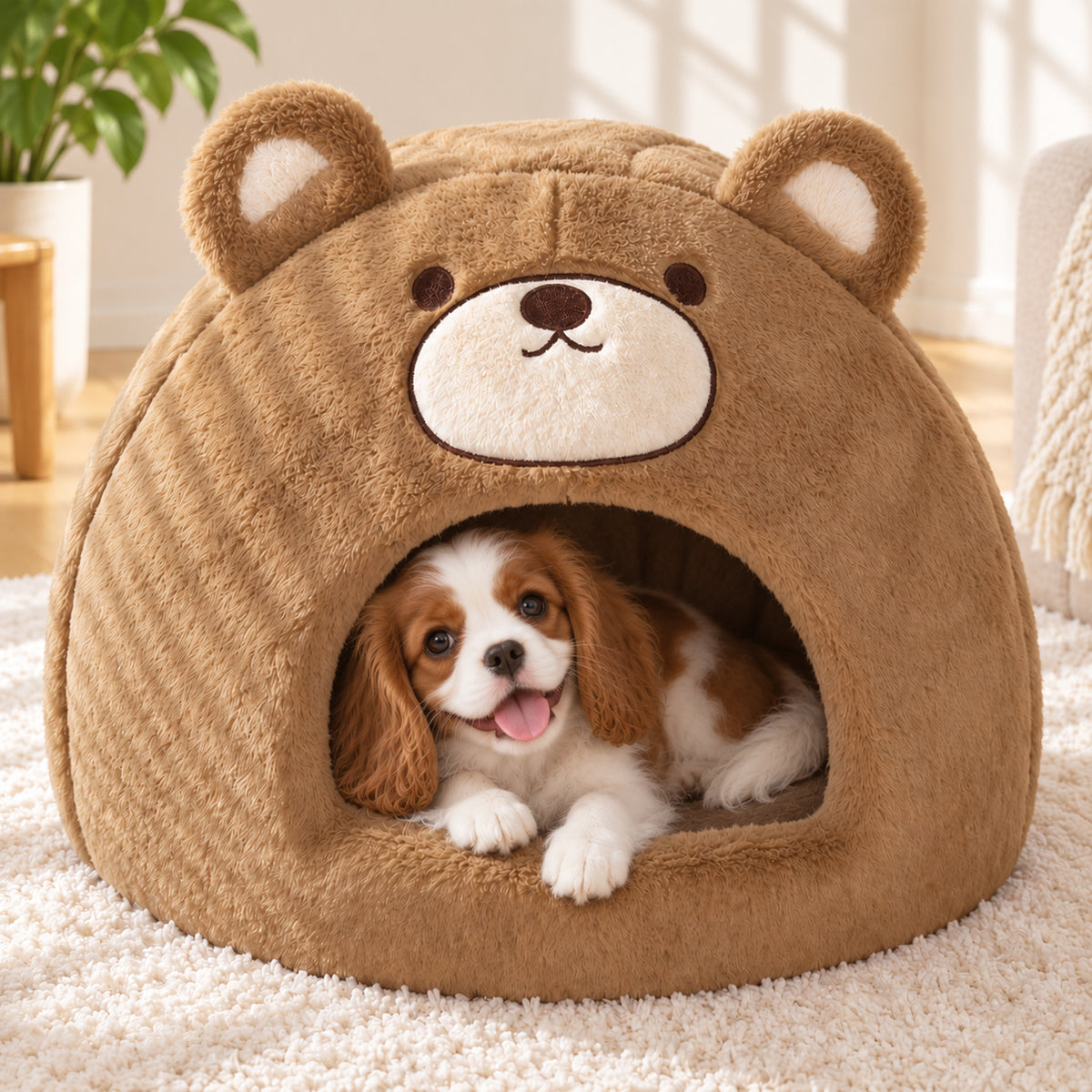 Dog Bed & Cat Bed | Bear-Shaped Plush Cave for Cats & Small Dogs | Warm & Washable
