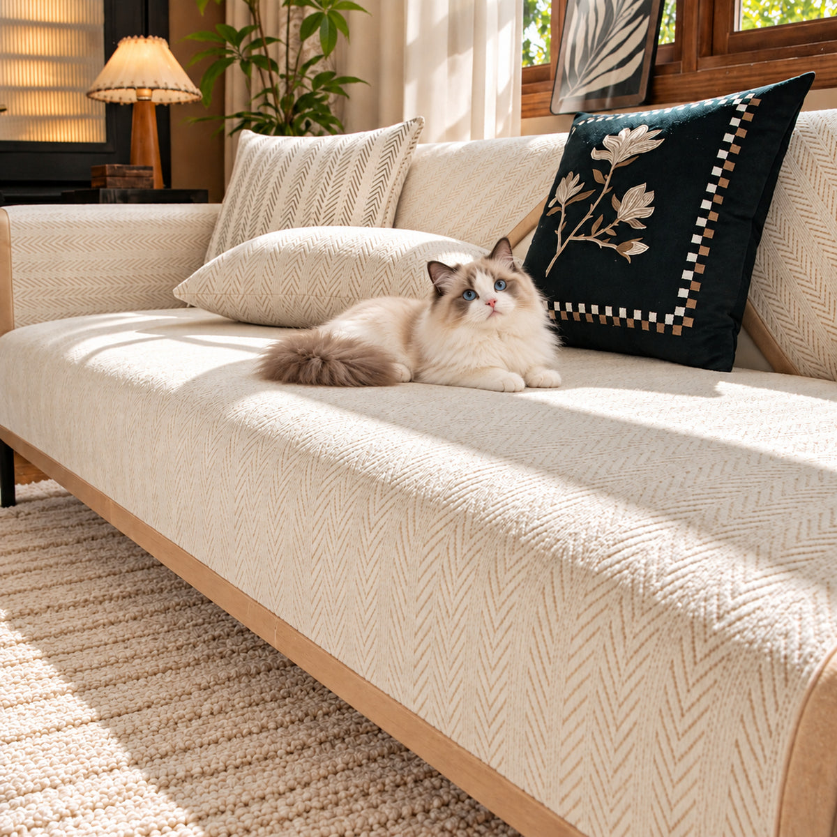 Herringbone Chenille Sofa Cover | Non-Slip & Machine Washable