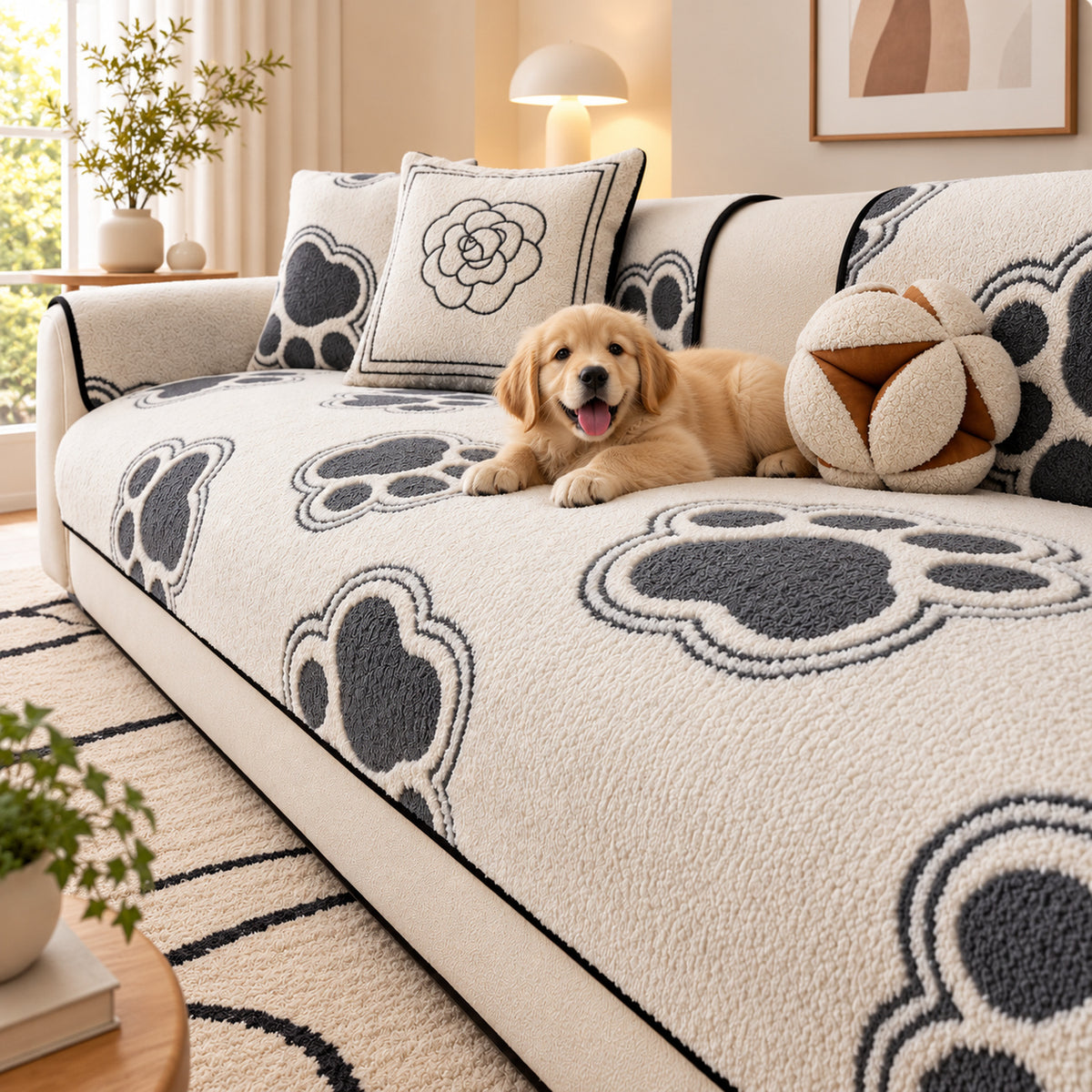 Sofa Cover | Plush Paw-Print Sofa Protector | Non-Slip & Machine Washable