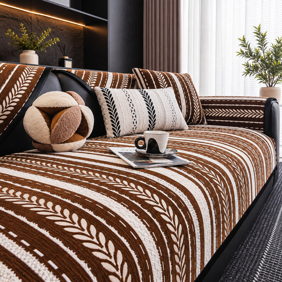 Botanical Stripe Chenille Sofa Cover | Non-Slip, Machine Washable