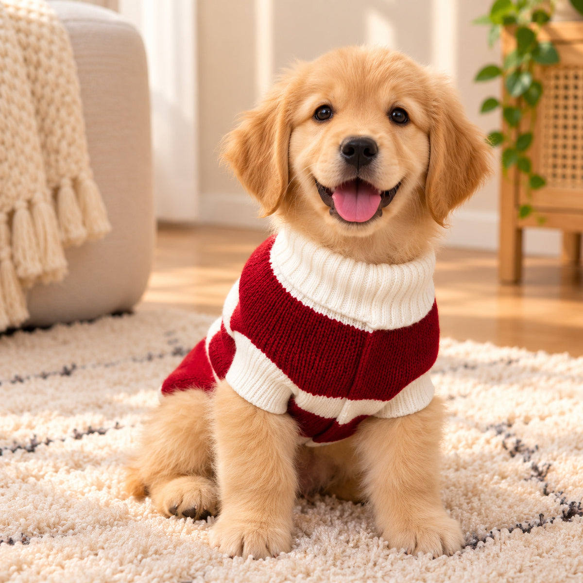 Red & White Striped Dog Jumper | Soft Acrylic Knit for Winter
